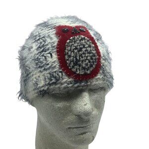 Owl Gray &‎ White Knit Beanie Hat Women One Size Handmade Winter Fuzzy